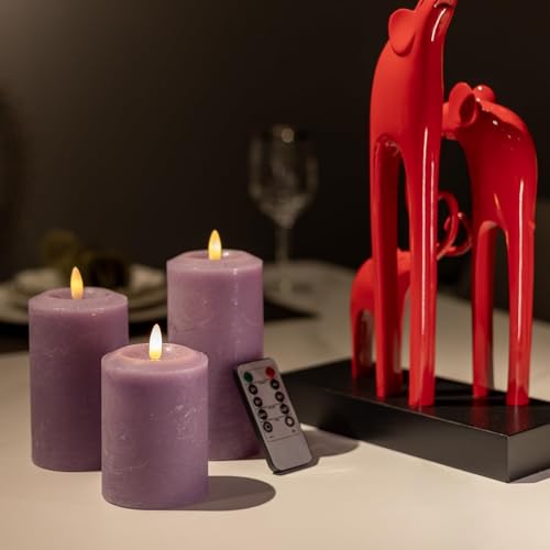 Purple Flameless Candles with Concave Top - Lavender Decor, Timer Remote, Set of 3