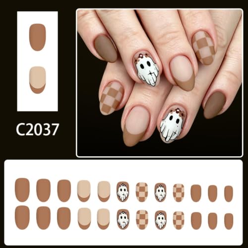 Halloween Press On Nails Short Oval Fake Nails with Ghost & Checkered Design - Brown, Reusable, 24Pcs - Variation: Color35