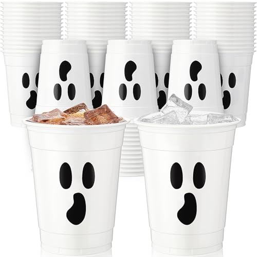 Halloween Plastic Cups 12 oz Ghost Design - White Ghost Variation, Disposable Party Cups