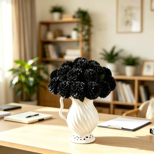 Black Artificial Chrysanthemum Flowers Ball Set - 12 Faux Flowers for Decor