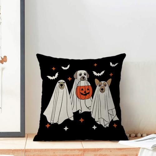Halloween Pillow Covers 18x18 Pack of 2 - Black Beige Dog & Bat Decor