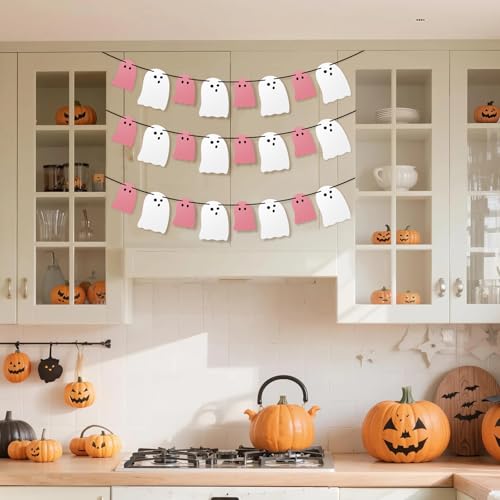 Halloween Ghost Banner Decor Set - Pink & White Hanging Ghost Garlands for Indoor Party & Home