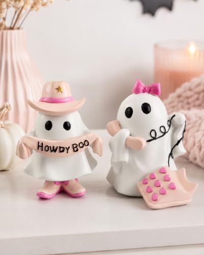 Pink Howdy Boo Ghost and Telephone Resin Halloween Figurines Set - Cute Ghost Decor