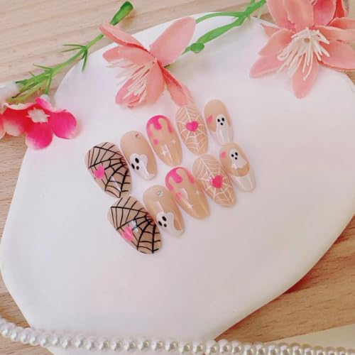 Halloween Short Almond Press On Nails Set - Colorful Ghost Spider Web Heart Rhinestone 8