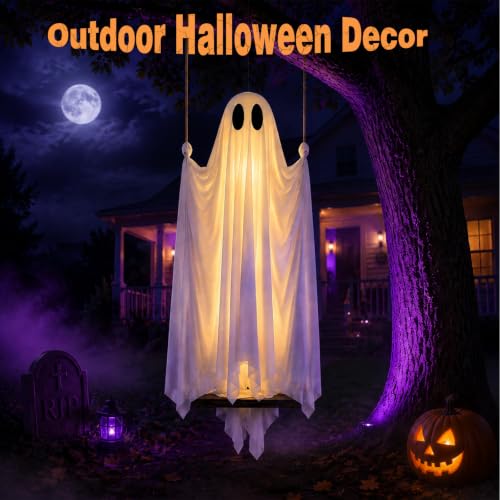 5FT Hanging Ghost Decor with Lights - Outdoor Halloween Swing Spirit
