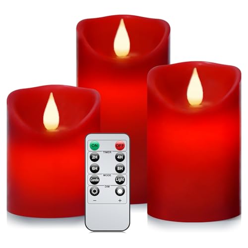 Real Wax Flameless Candles Set - 3 Red Pillar Candles with Remote & Timer