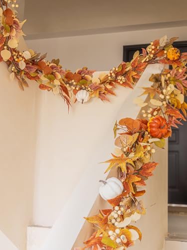 White Pumpkin with Red Willow Leaves Fall Garland 6.8FT Autumn Decor for Home Thanksgiving Halloween