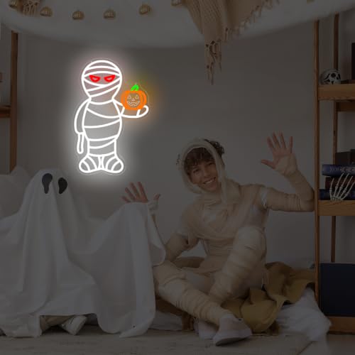Halloween Neon Sign - Mummy and Pumpkin Wall Decor, Dimmable LED USB Light