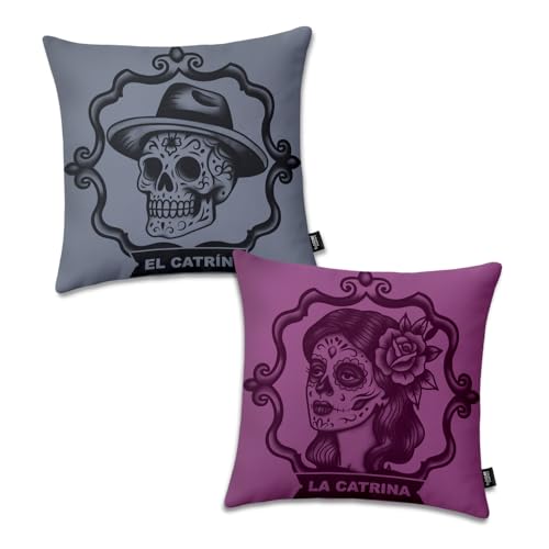 Day of the Dead Throw Pillow Case Set - Colorful Plush Decor, 15.35 x 15.35 inches, 2-Pack, Variation of Elcatrin Lacatrina