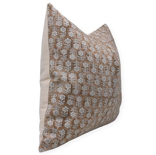 Camel Brown Handmade Block Print 16x16 Inch Cotton Throw Pillow Cover - Fall Decor for Sofa & Bed