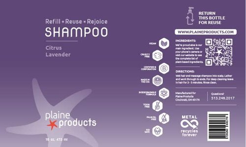 Plaine Products Eco-Friendly Shampoo - Citrus Lavender - Sulfate/Paraben/Phthalate Free, 16 oz (Refill Bottle - No Pump)