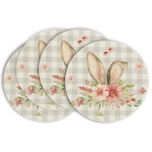 14-Inch Bunny Rabbit Ears Placemat Set of 4 - Buffalo Plaid Spring Table Decor