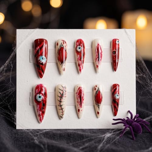 Halloween Long Almond Fake Nails with Spooky Eyes - Gothic Press On Nails Kit
