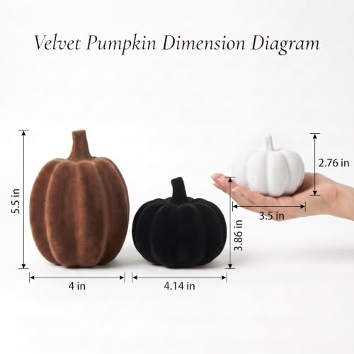 Flocked Velvet Finish Pumpkin Decor Set - White, Brown & Black Resin, 3pcs - Thanksgiving & Fall Home Decor