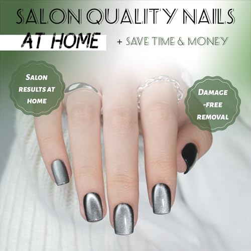SEEWEE Cat Eye Black Press On Nails Short Square - Silver Nocturne Variation