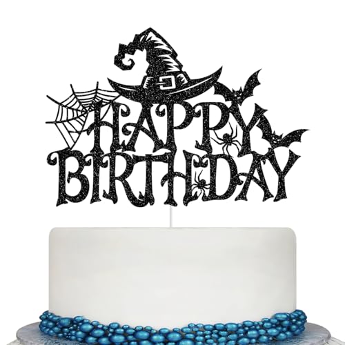 Halloween Birthday Cake Topper Witch Bat Spider Glitter Decor - Black