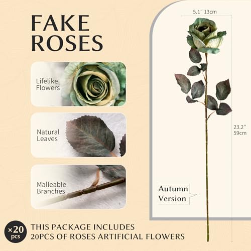 Artificial Roses Fake Flowers 20PCS Long Stem Silk Roses for Vase Green - Autumn Decor
