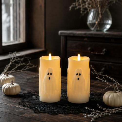 Halloween Ghost Flameless Candles Set - Remote Timer & Real Wax, 2 Pack