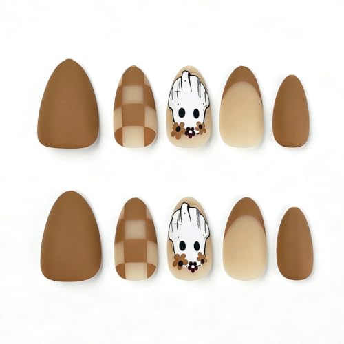 Halloween Almond Press On Nails - Ghost Checkered Brown Style-48 - Reusable Fake Nails