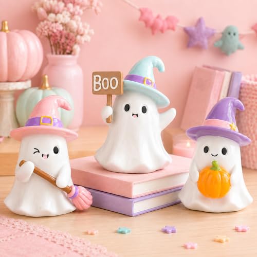 Pink Halloween Ghost Figurines Set of 3 with Pumpkins - Fall Decor