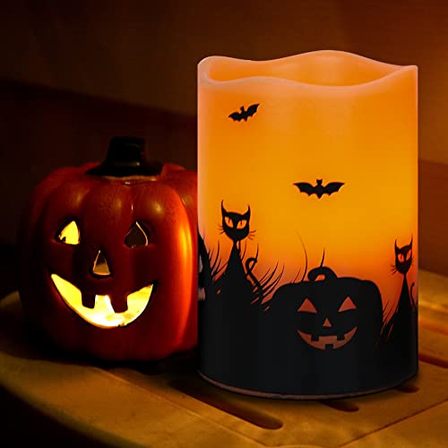 Halloween Orange Flameless Pillar Candles with 6H Timer - 3PCS, Orange-Timer