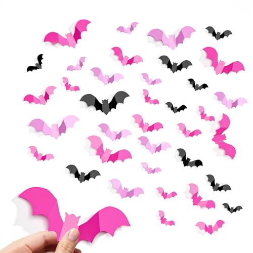 Pink Bat Halloween Decor 48Pcs Spooky Wall Stickers for Party & Outdoors - REMOVABLE