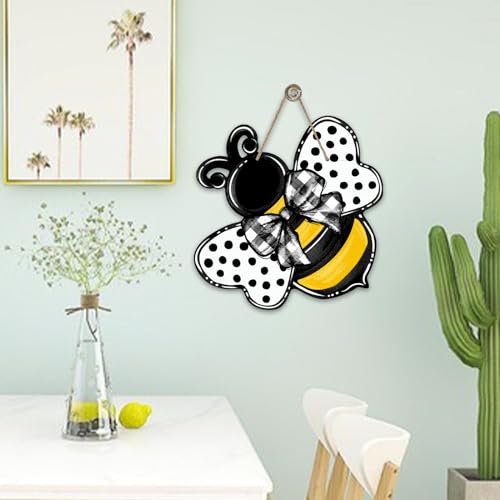 Deroro Bumble Bee Front Door Sign - Spring Summer Polka Dot Farmhouse Wood - Bee Variation