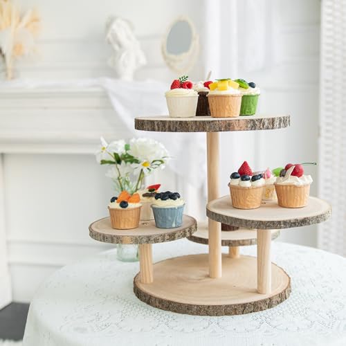 Wood 4-Tier Round Cake and Cupcake Stand Combo Rustic Wooden Dessert Display for Parties