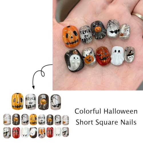 Halloween Press On Nails Short Oval Fake Nails with Spider Web Pumpkin Bat Ghost Design - Variation Halloween-13 - 24 pcs