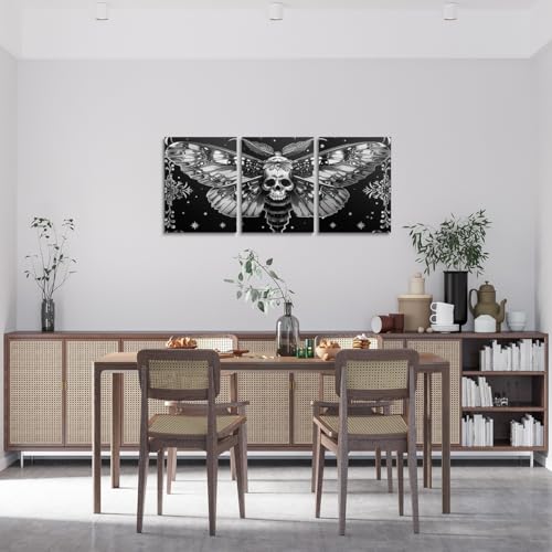 Gothic Death Skull Moth Wall Art Canvas Set - Boho Bedroom & Living Room Decor - Dark Black & Grey