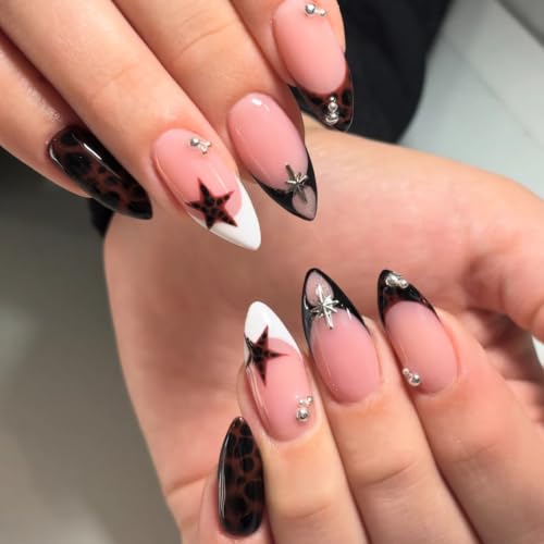 BABALAL Medium Almond Fake Nails - Tortoise Leopard Star Y2K French Tips - ANU00-08