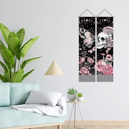 Butterfly Skull Tapestry Set - Pink & Black Moon Phase Wall Hanging for Bedroom Decor