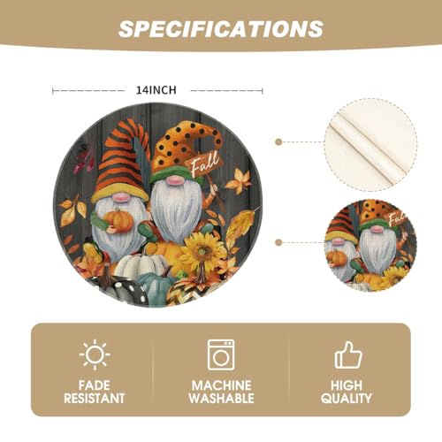 14-Inch Round Fall Pumpkin Gnomes Leaves Placemat Set of 4 - Black Variation