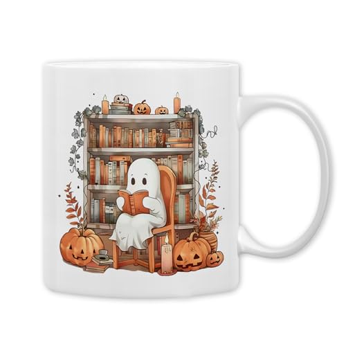QASHWEY White Halloween Ghost Mug 11oz - Fall Book Lover's Coffee Tea Cup