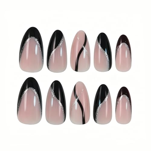 Medium Almond French Tip Press-On Nails Style 9 - Black Glitter Fake Nails, Reusable
