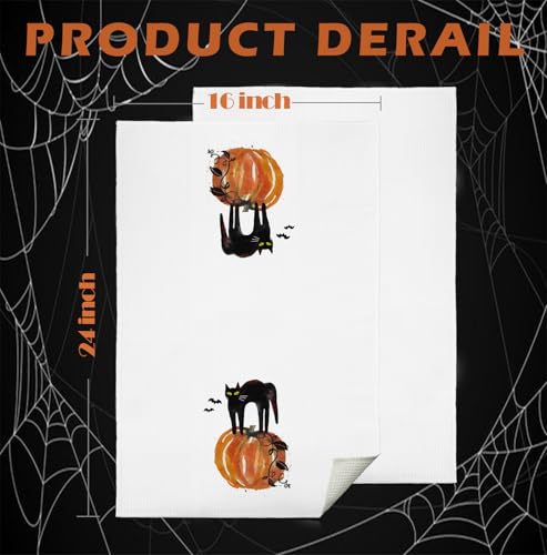 Halloween Kitchen & Bath Towels - Black Cat & Pumpkin Decor, 16x24 Inches - Fall Black Cat Variation