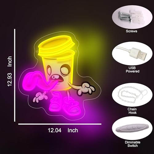 Zombie Cup Neon Sign - Yellow LED Spooky Wall Decor for Halloween & Parties