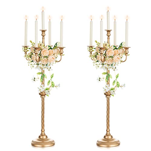 Tall Gold Candle Holders Set of 2 - 34 Inch Floor Candle Stands for Weddings & Holidays