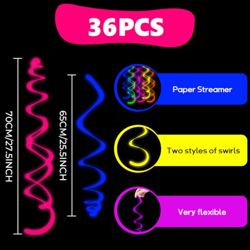 36PCS Neon Hanging Swirl Party Decorations UV Reactive Ceiling Streamers for Birthday & Halloween