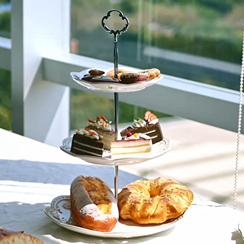 3-Tier Porcelain Cake Stand with Embossed Design - Elegant Dessert Display