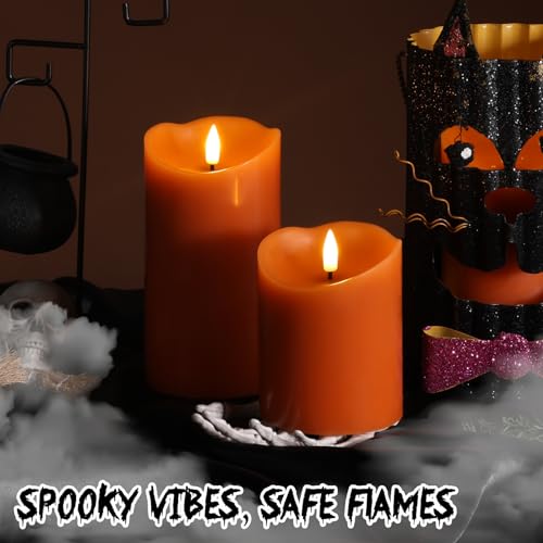Eywamage Burnt Orange Fall Halloween Flameless Pillar Candles with Remote Set of 3