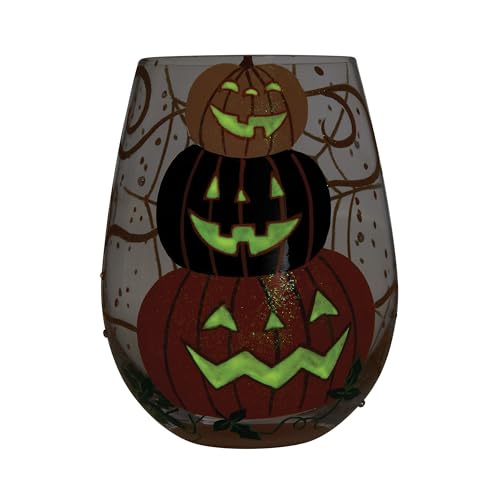 Halloween Jack-O-Lantern Stemless Wine Glass - Hand-Painted 20oz, Glow-in-the-Dark
