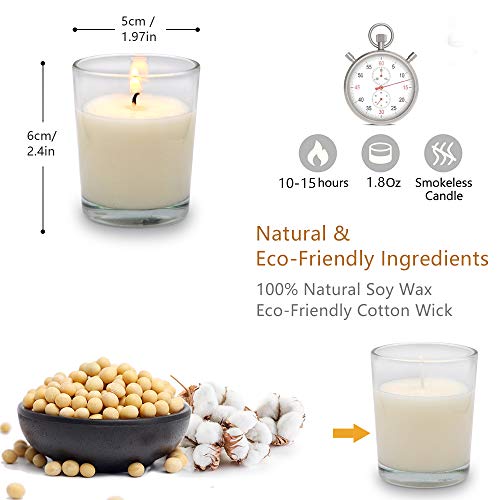 White Votive Candles Set with Clear Glass Holders - Unscented Soy Wax - 12 Pack