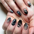 Halloween Press On Nails Short Almond Fake Nails with Bat Spider Stars Web Design - Black & White Variation