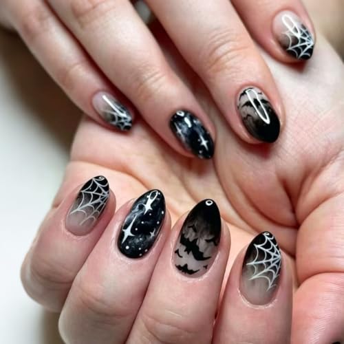 Halloween Press On Nails Short Almond Fake Nails with Bat Spider Stars Web Design - Black & White Variation
