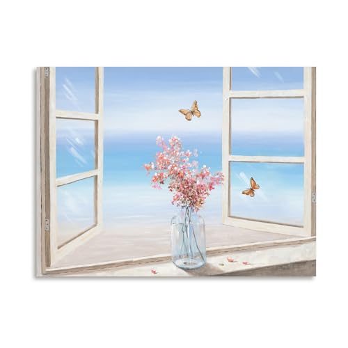 Pink Floral Bathroom Wall Art Canvas with Ocean View Window - 16x12in - Wall Decor