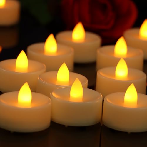 Battery Operated Flameless LED Tea Lights 24 Pack - Warm Amber, Flickering Candles for Decor