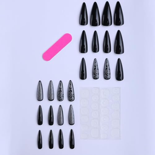 Press On Nails Long Black Embossed Flower Design - Variation Black 01, 24 Pcs