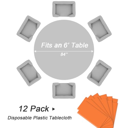 Disposable Orange Round Plastic Tablecloth - 12 Pack, 84 Inch for Indoor Outdoor Events