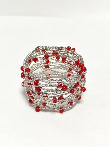 Silver Red Beaded Napkin Ring Set of 12 Mesh Beaded Elegant Table Decor